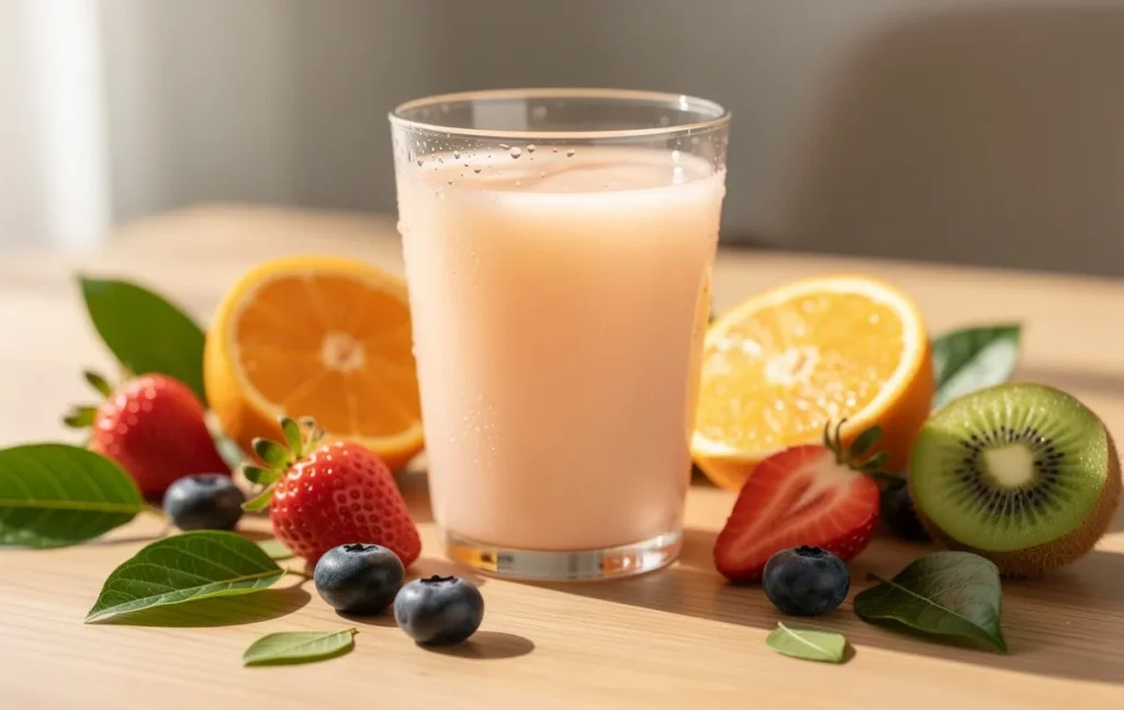 Un verre de boisson au collagène repose sur une table en bois, entouré de fruits frais et de feuilles vertes sous une lumière naturelle.