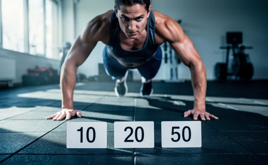 Une personne athlétique fait des burpees sur un tapis de sport, avec trois cartes portant les chiffres 10, 20 et 50 au premier plan.