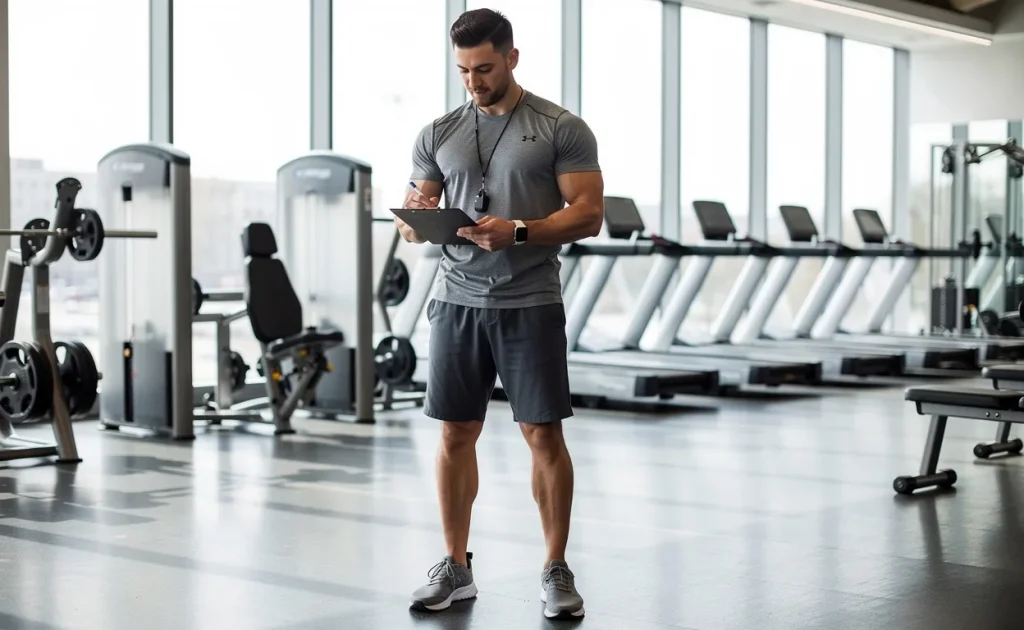 Un coach sportif examine une fiche devant des machines de musculation dans une salle de sport lumineuse avec de grandes fenêtres.