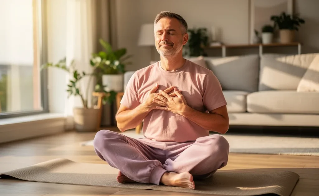 Un homme d’âge mûr est assis paisiblement sur un tapis de yoga dans un salon ensoleillé, les yeux clos et les mains posées sur sa poitrine pour une séance de respiration profonde.