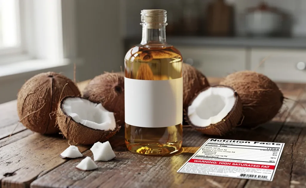 Une bouteille d’huile de coprah posée sur une table en bois est entourée de noix de coco fraîches et d’une étiquette nutritionnelle en rouge, sous une lumière naturelle.