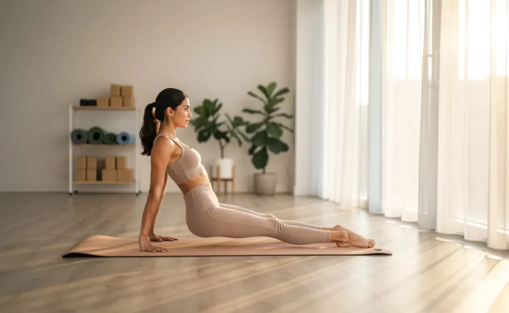 Une jeune femme en tenue de sport pratique le Pilates sur un tapis dans un studio paisible éclairé par la lumière du matin.