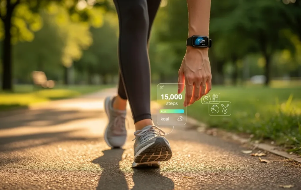 Personne marchant dans un parc verdoyant au crépuscule, un bracelet connecté au poignet affichant 15 000 pas et des icônes de calories.