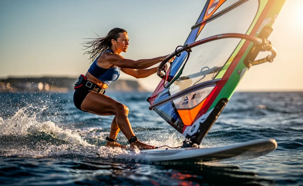 Nathalie Simon fait de la planche à voile sur une eau bleue scintillante au coucher du soleil, visage concentré sous un ciel dégagé.