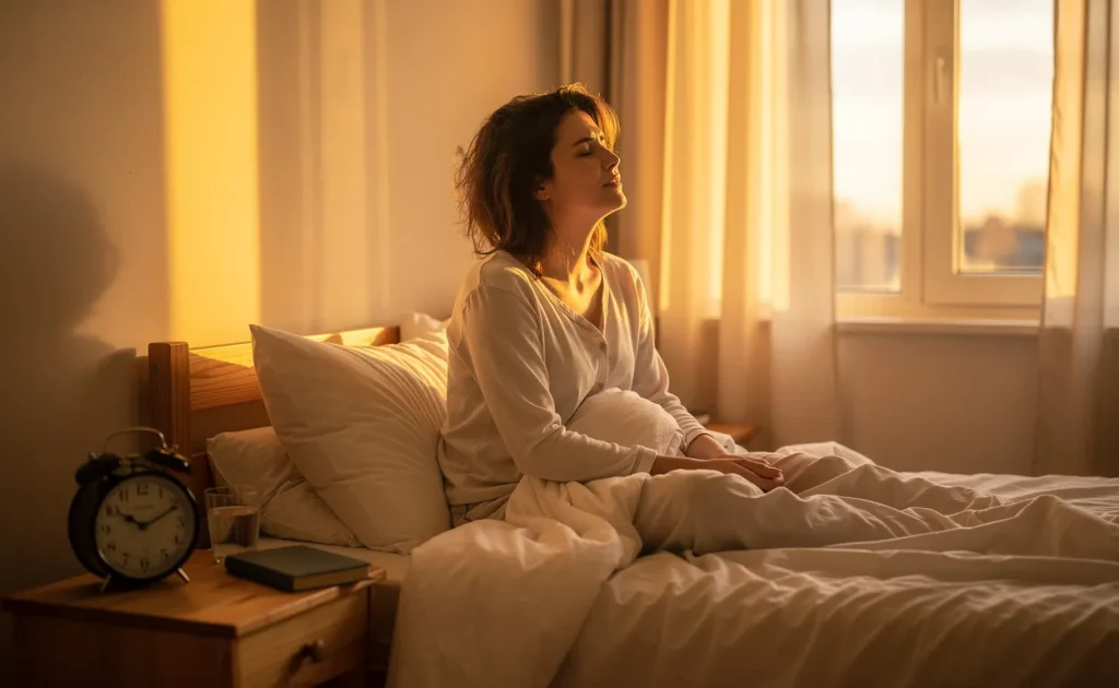 Une personne se redresse doucement dans son lit à 6 heures du matin, baignée d'une lumière dorée traversant la fenêtre, avec une atmosphère sereine et un réveil affichant 6:00 sur la table de chevet.