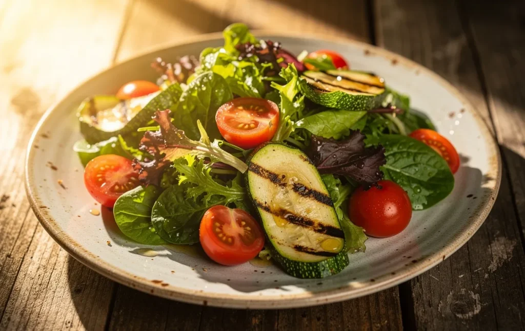 Salade de courgettes grillées avec jeunes pousses et tomates cerises sur une assiette rustique, exposée à la lumière du soleil sur une table en bois.