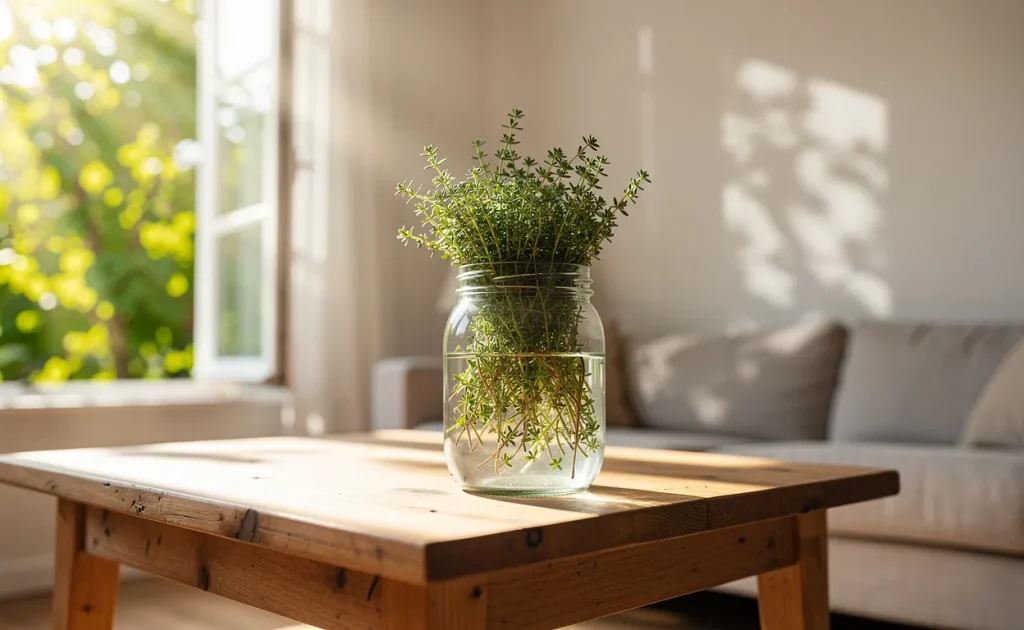 Un salon lumineux avec une fenêtre ouverte, un pot en verre rempli de thym frais sur une table en bois et des rayons de soleil filtrant à travers des feuilles vertes.