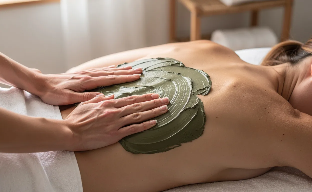 Une personne reçoit l’application d’un cataplasme d’argile verte sur le dos à la lumière du jour.