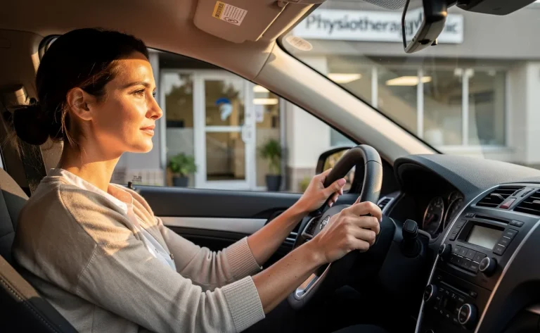 Une femme assise au volant d'une voiture stationnée regarde pensivement devant elle, avec une clinique de physiothérapie visible à travers la fenêtre.