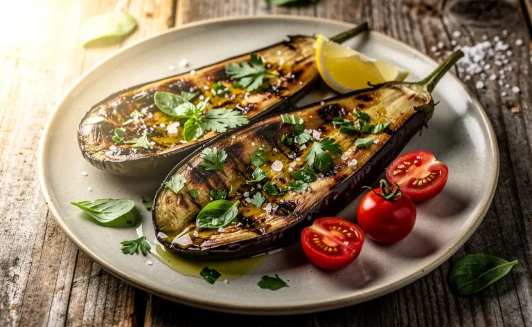 Assiette d’aubergines rôties garnies d’herbes fraîches et d’huile d’olive sur une table en bois éclairée par la lumière du jour.