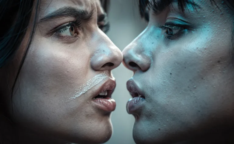 Deux personnes s’apprêtent à s’embrasser, l’une ayant une trace blanche sur la lèvre supérieure, sous une lumière froide et une tension perceptible.