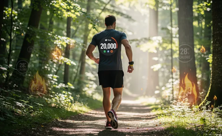 Une personne marche seule sur un sentier forestier au matin, portant un podomètre indiquant 20 000 pas, avec des symboles de calories subtilement intégrés dans le décor.