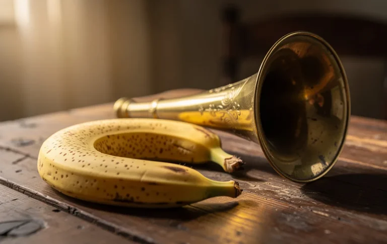 Une banane mûre posée à côté d'un cornet acoustique en laiton sur une table en bois dans une pièce doucement éclairée.