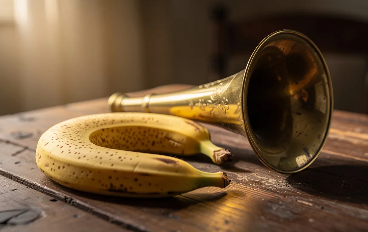 Une banane mûre posée à côté d'un cornet acoustique en laiton sur une table en bois dans une pièce doucement éclairée.