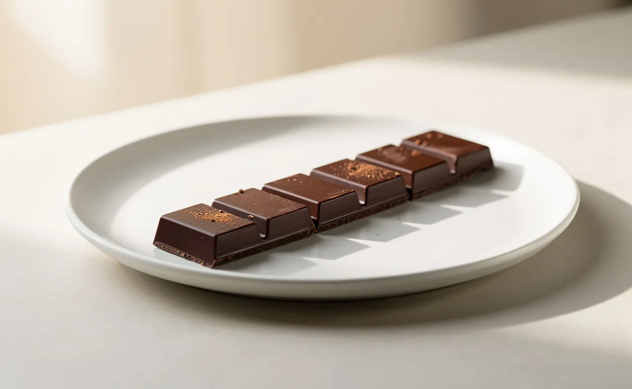 Des carrés de chocolat noir alignés sur une assiette en céramique minimaliste, éclairés par une lumière naturelle douce.