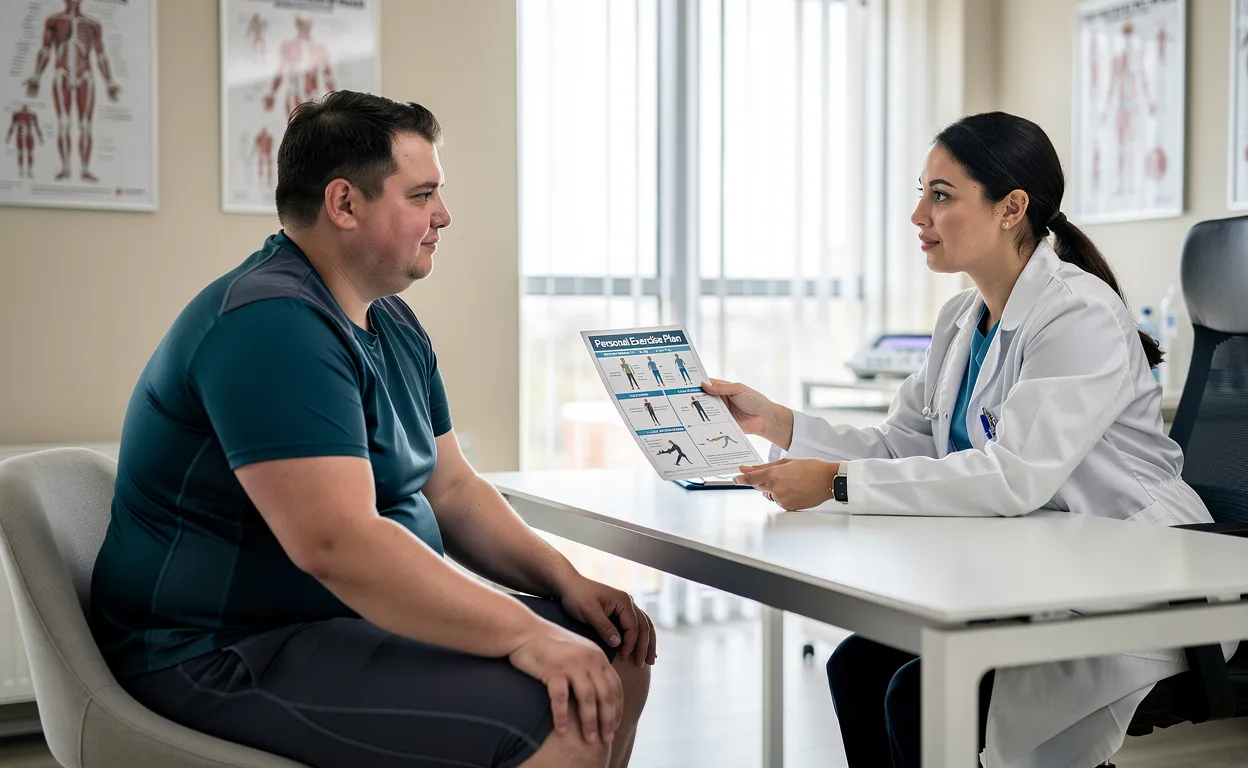 Un patient en surpoids en tenue de sport reçoit un programme d’exercices personnalisé d’un médecin dans une clinique moderne éclairée par la lumière du jour.