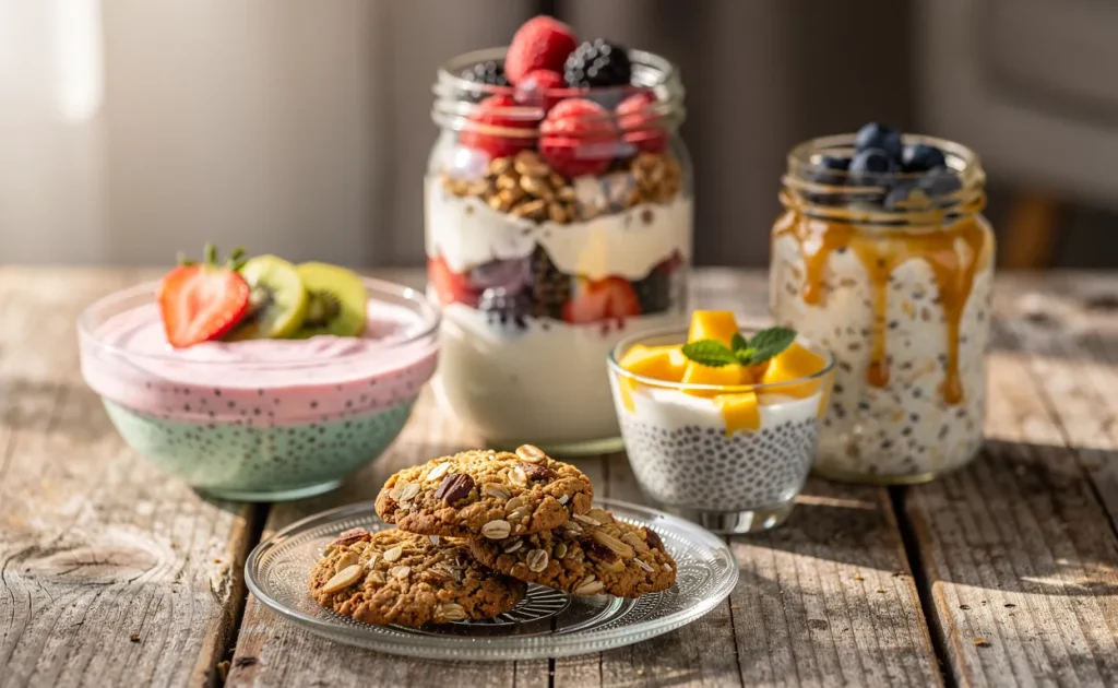 Cinq desserts sains, dont des parfaits aux fruits, des biscuits à l’avoine et des puddings de chia, sont présentés dans des bocaux et des coupelles en verre sur une table en bois rustique illuminée par une lumière naturelle douce.