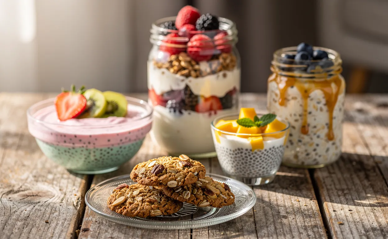 Cinq desserts sains, dont des parfaits aux fruits, des biscuits à l’avoine et des puddings de chia, sont présentés dans des bocaux et des coupelles en verre sur une table en bois rustique illuminée par une lumière naturelle douce.