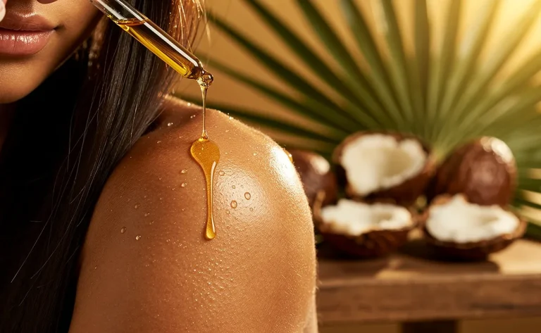De l’huile de batana est versée sur des cheveux lisses et une peau lumineuse, avec des palmiers exotiques et des noix de batana à l’arrière-plan.