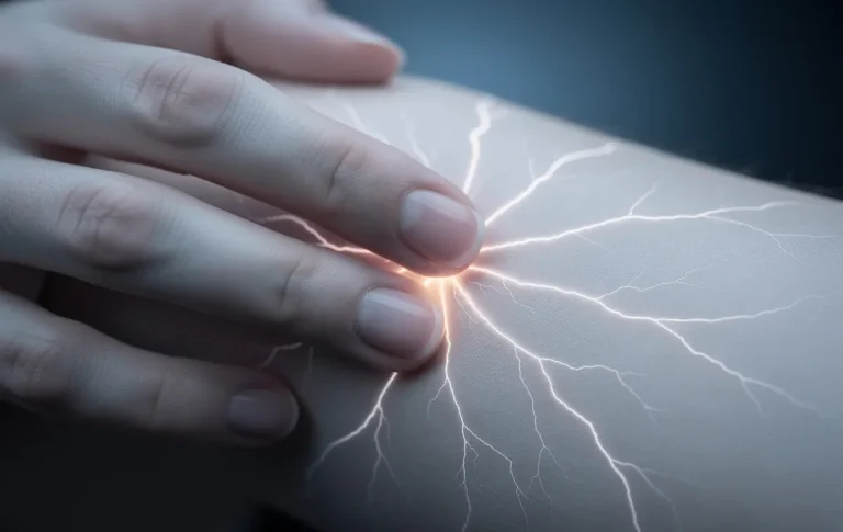 Une main posée sur une peau pâle laisse apparaître de petites étincelles luisantes qui se diffusent en fines traînées.