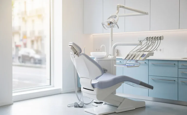 Un fauteuil dentaire moderne se trouve près d’une grande fenêtre ensoleillée dans une clinique dentaire aux tons blancs et bleus à Issy-les-Moulineaux.