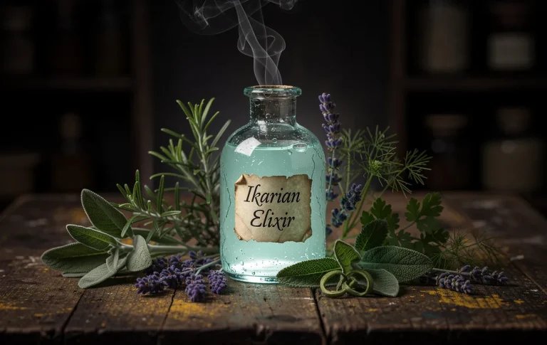 Un flacon de verre ancien étiqueté "Ikarian Elixir" repose sur une table en bois usé, entouré de sept herbes différentes et de vapeurs éthérées.
