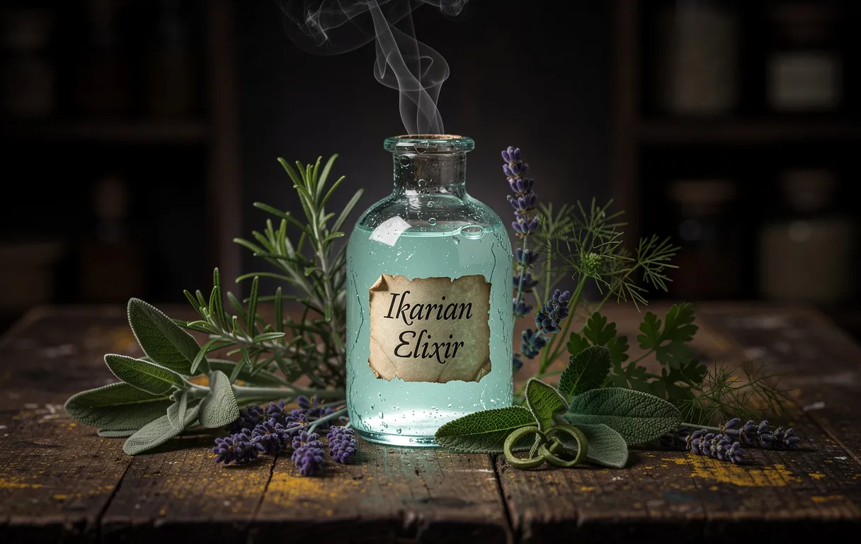 Un flacon de verre ancien étiqueté "Ikarian Elixir" repose sur une table en bois usé, entouré de sept herbes différentes et de vapeurs éthérées.