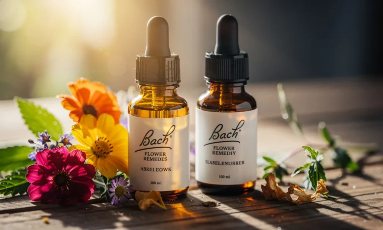 Deux flacons compte-gouttes de remèdes floraux de Bach reposent sur une table en bois, l’un entouré de fleurs éclatantes sous le soleil, l’autre dans l’ombre avec des pétales fanés.