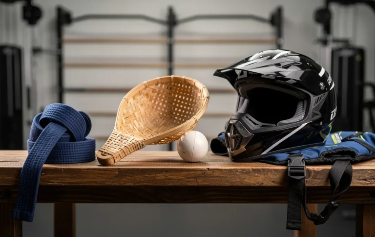 Des équipements sportifs commençant par la lettre J, comme une ceinture de judo, une cesta de jai alai et un jet-ski, sont posés sur un banc en bois dans un gymnase éclairé en douceur.