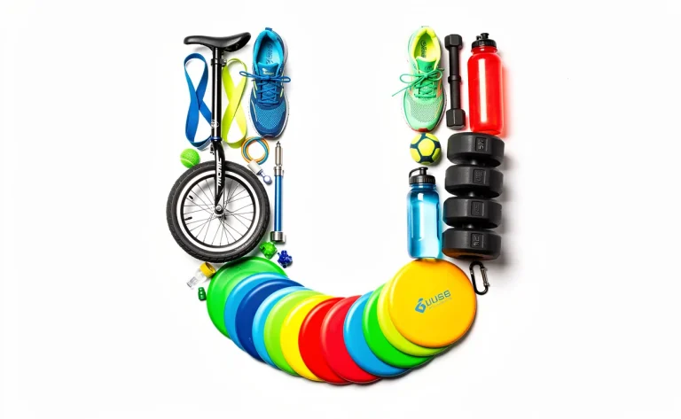 Un ensemble d’équipements sportifs variés forme la lettre u sur fond blanc, comprenant un monocycle, un frisbee et des chaussures d’ultramarathon.