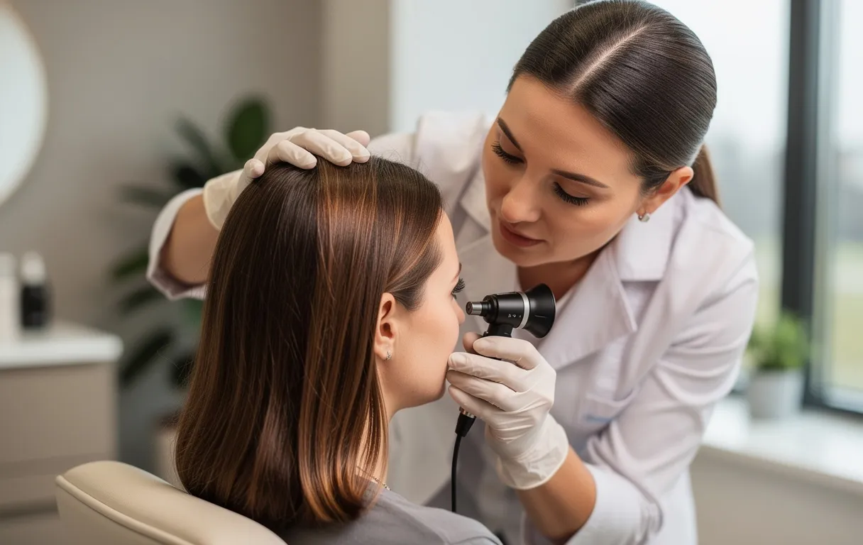 Un trichologue examine avec attention les cheveux et le cuir chevelu d’un client dans une clinique moderne baignée de lumière naturelle.