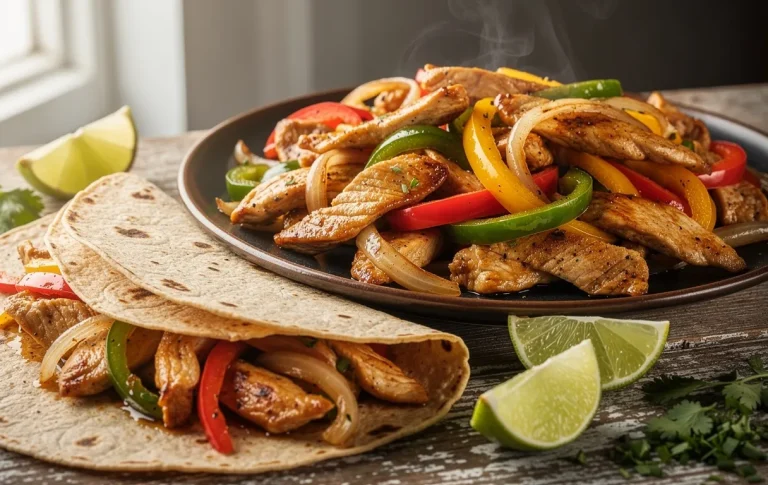 Des fajitas au poulet avec poivrons et oignons colorés, servies dans des tortillas de blé entier sur une table en bois avec des quartiers de citron vert.