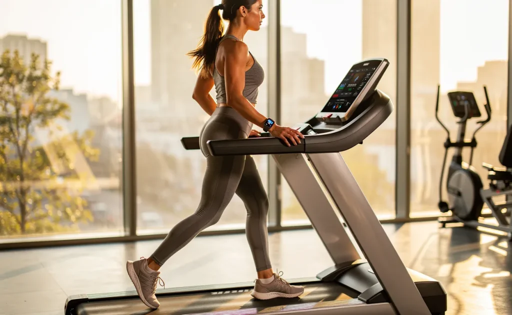 Une femme en tenue de sport marche sur un tapis de course incliné dans une salle de sport éclairée par la lumière du matin.