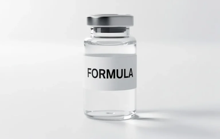 Petit flacon en verre contenant un liquide transparent, posé sur une surface blanche avec une étiquette de sept lettres.