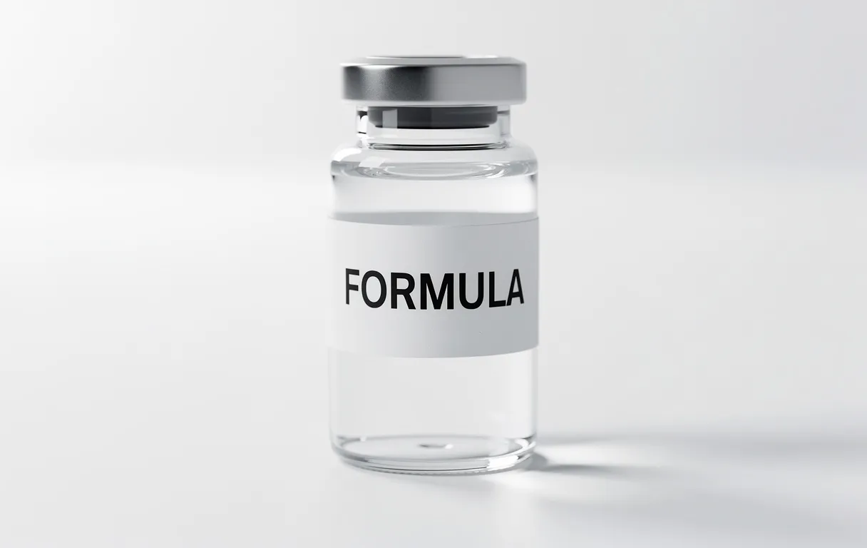 Petit flacon en verre contenant un liquide transparent, posé sur une surface blanche avec une étiquette de sept lettres.