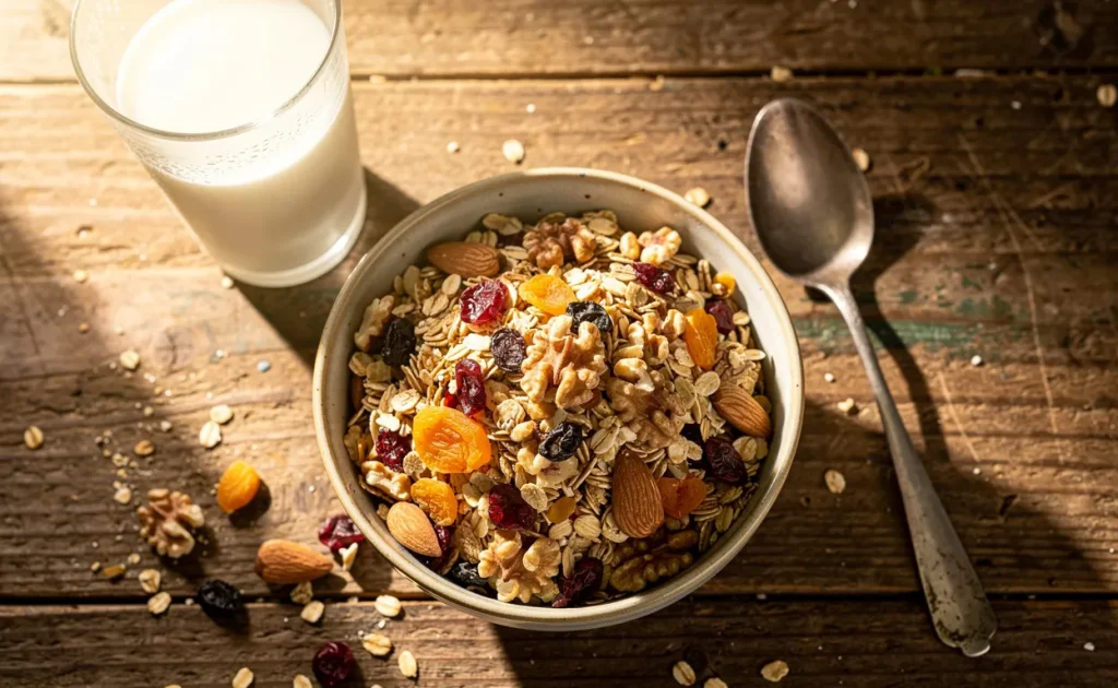 Bol de granola maison avec flocons d’avoine, fruits secs et noix, posé sur une table en bois rustique avec une cuillère et un verre de lait à la lumière du matin.
