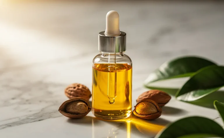 Flacon compte-gouttes de l’huile de cacay entouré de noix de cacay et de feuilles vertes sur une surface en marbre, éclairé par une lumière douce.
