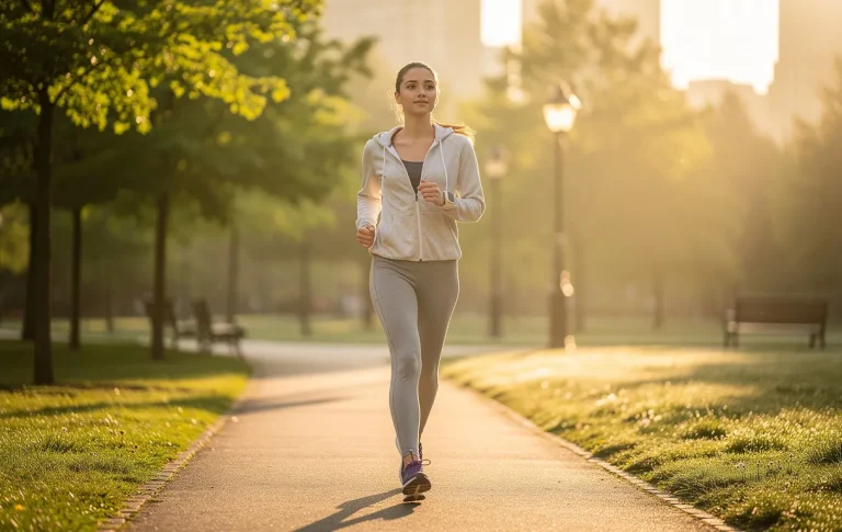 Une jeune femme marche d’un pas assuré dans un parc verdoyant au lever du soleil, éclairée par une douce lumière dorée.