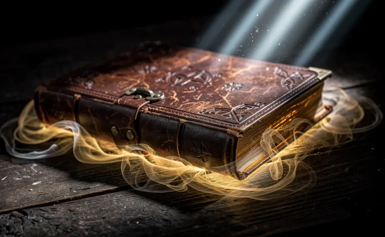 Un vieux livre en cuir lumineux repose sur une table en bois sombre, entouré de brumes légères et de halos spectreux.
