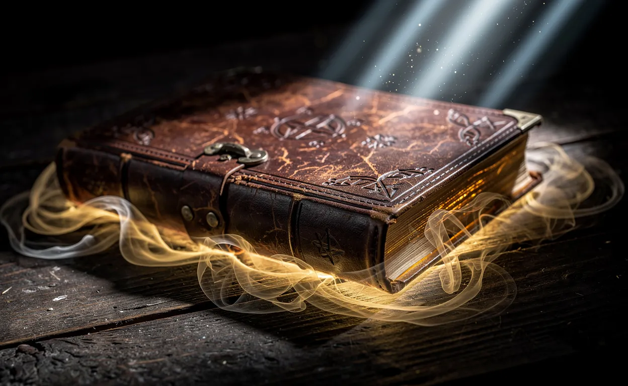 Un vieux livre en cuir lumineux repose sur une table en bois sombre, entouré de brumes légères et de halos spectreux.