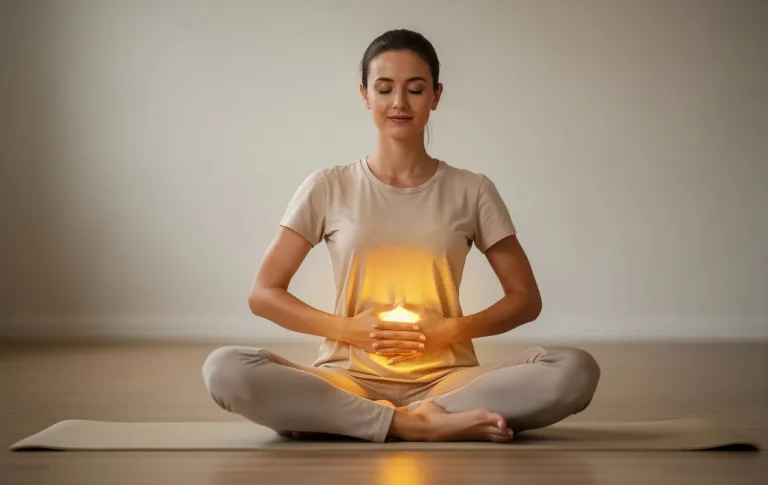 Une femme assise en posture de yoga, les mains posées sur l’abdomen, est éclairée d’une lumière dorée autour du ventre.