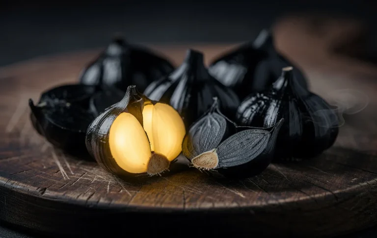 Des têtes d’ail noir luisantes, coupées et posées sur une planche sombre, laissent voir des gousses irradiant une lueur dorée ou entourées d’ombre.