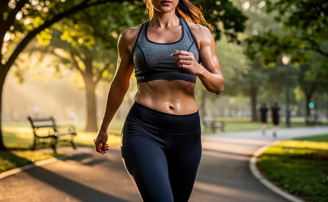 Femme sportive marchant énergiquement sur un sentier de parc au lever du soleil, l’accent étant mis sur sa taille.