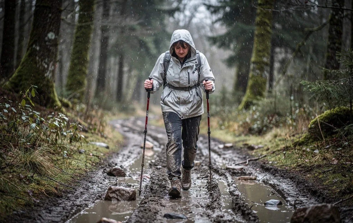Une personne fait de la marche nordique sur un sentier forestier boueux sous un ciel gris et pluvieux.