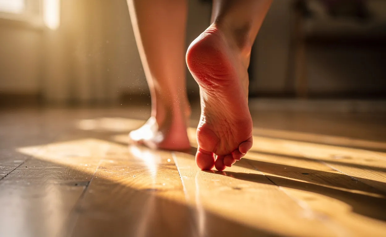 Une personne marche prudemment pieds nus sur un parquet ensoleillé, avec un pied rougi sous une lumière tamisée entrant par la fenêtre.