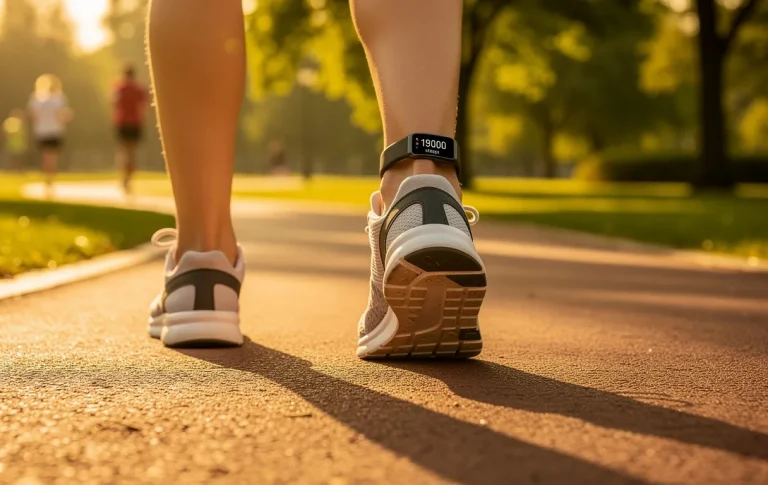 Personne marchant dans un parc verdoyant au crépuscule avec des baskets sportives et un podomètre à la cheville affichant 19 000 pas.