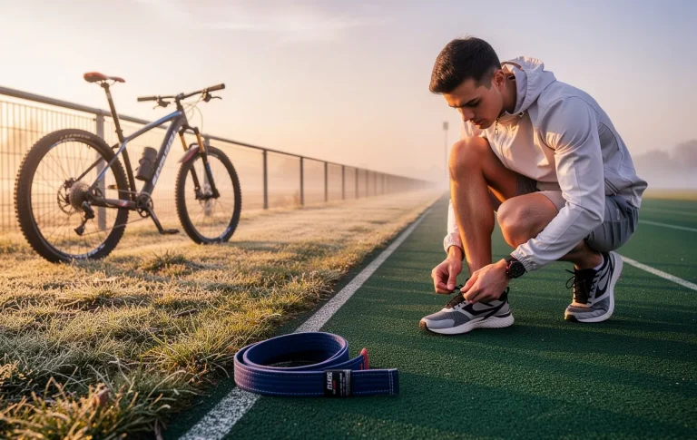 Un jeune athlète lace ses chaussures de course sur une piste verte, près d’un vélo de montagne et d’une ceinture d’arts martiaux posée sur l’herbe au lever du soleil.