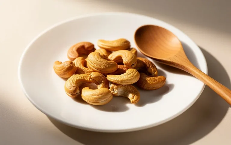 Quelques noix de cajou posées sur une assiette blanche avec une petite cuillère en bois, sous une lumière naturelle chaleureuse.