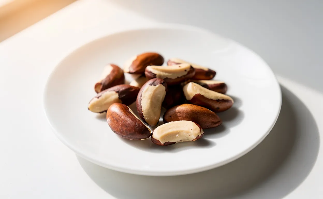 Quelques noix du Brésil posées sur une assiette blanche éclairée par une lumière naturelle.