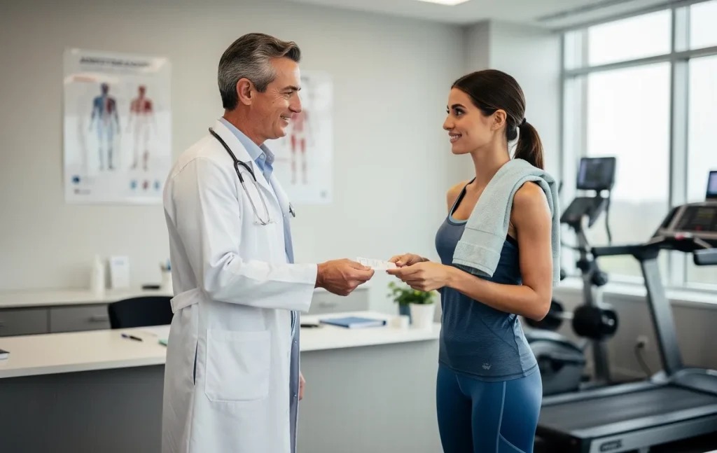 Un médecin tend une ordonnance à une jeune femme en tenue de sport dans un cabinet lumineux où l’on distingue du matériel de gym en arrière-plan.